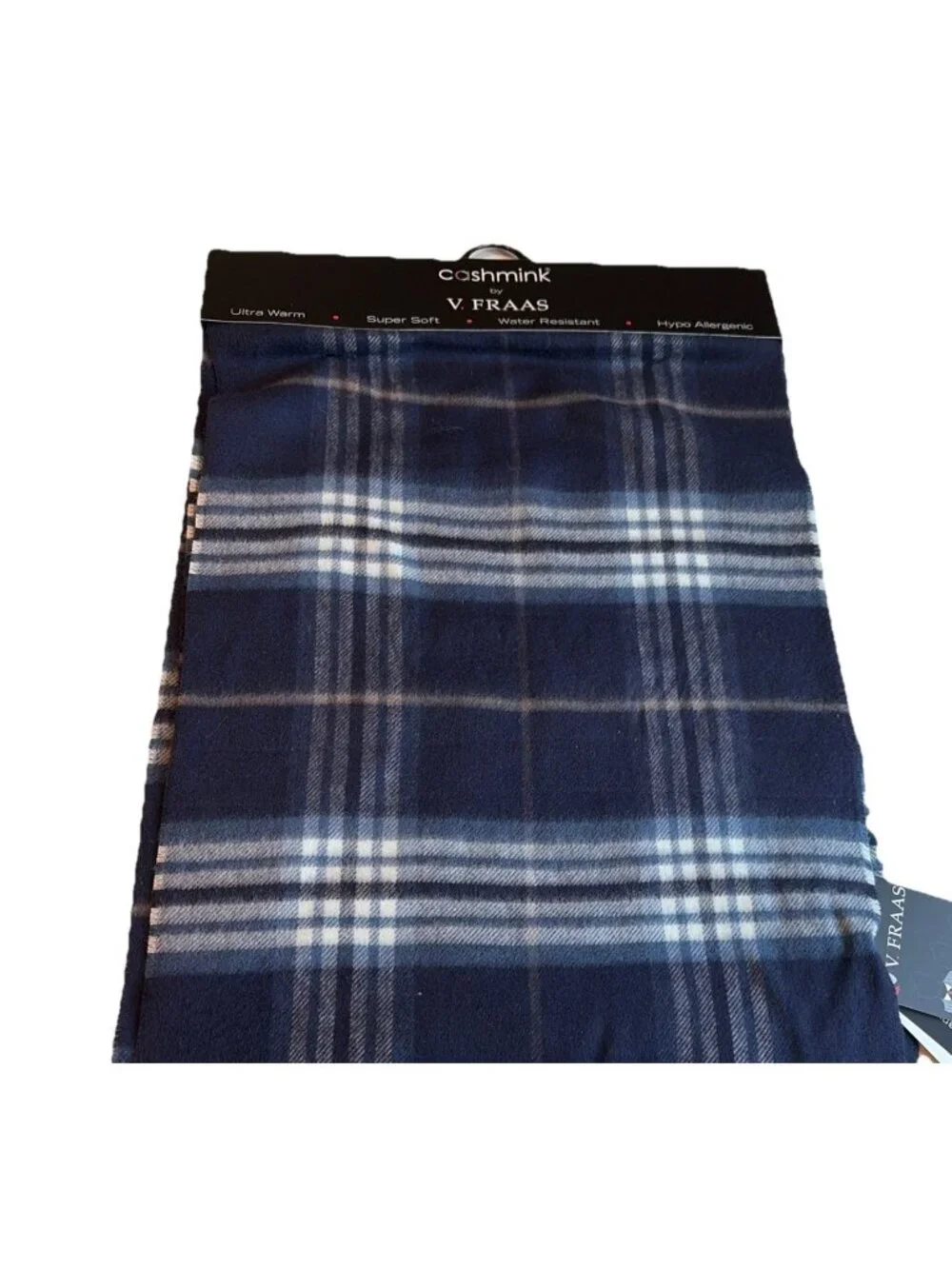 V. Fraas Cashmink Men's Classic Plaid Scarf Navy Super Soft Fringe Germany 80X12